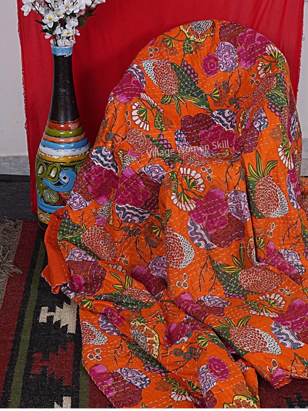Vibrant Orange Floral Kantha Quilt Throw